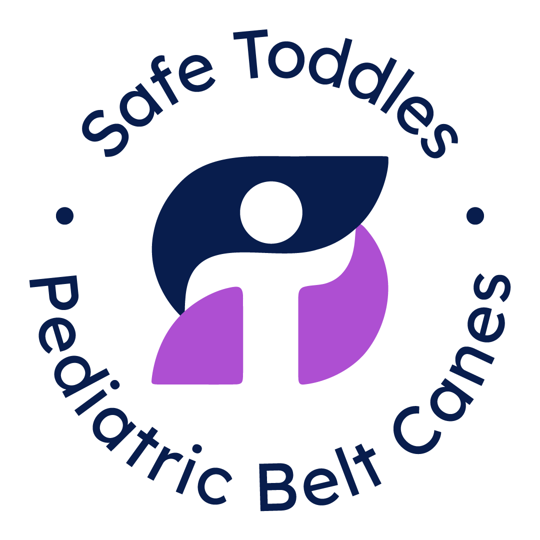 round white circle inside an S top is dark blue, bottom is purple inside a T is formed Safe Toddles Pediatric Belt Canes